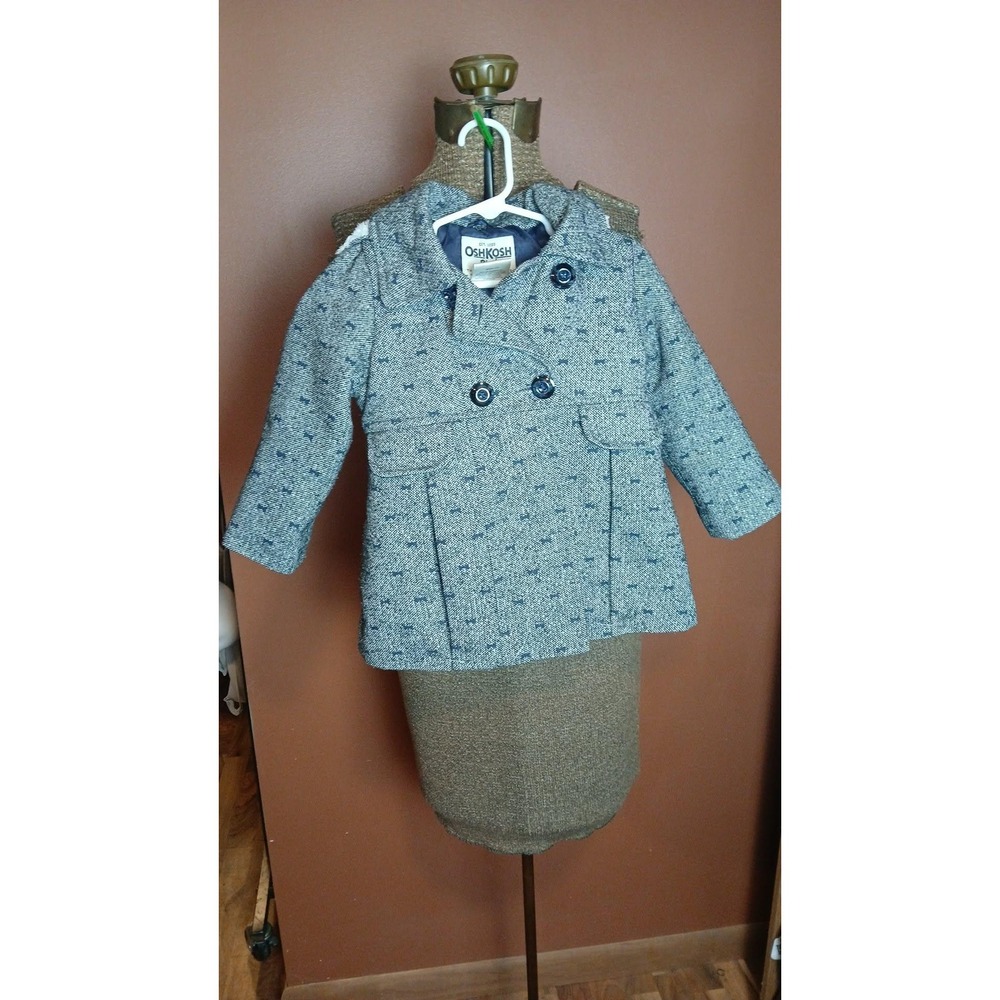 OshKosh Bgosh Girls Grey Navy Bow Print Tweed Peacoat Hooded Jacket 2T